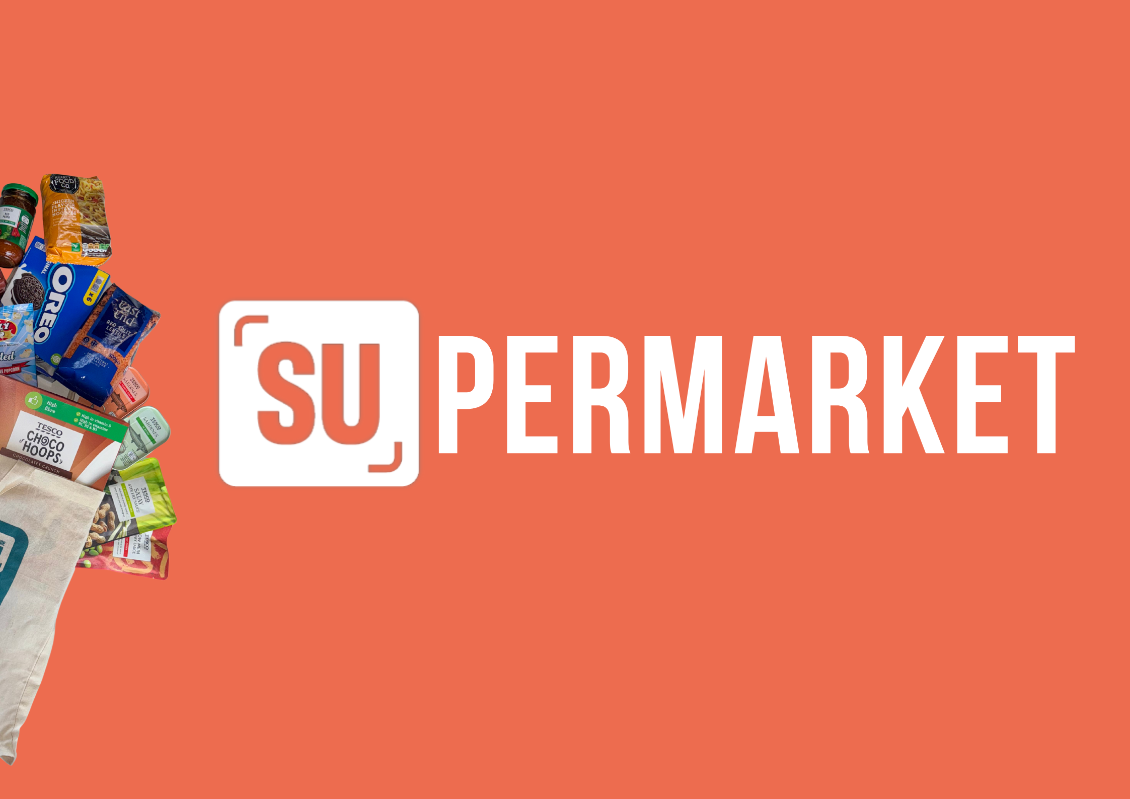 Orange background, SUpermarket text in white on front with shopping bag that has items spilling out
