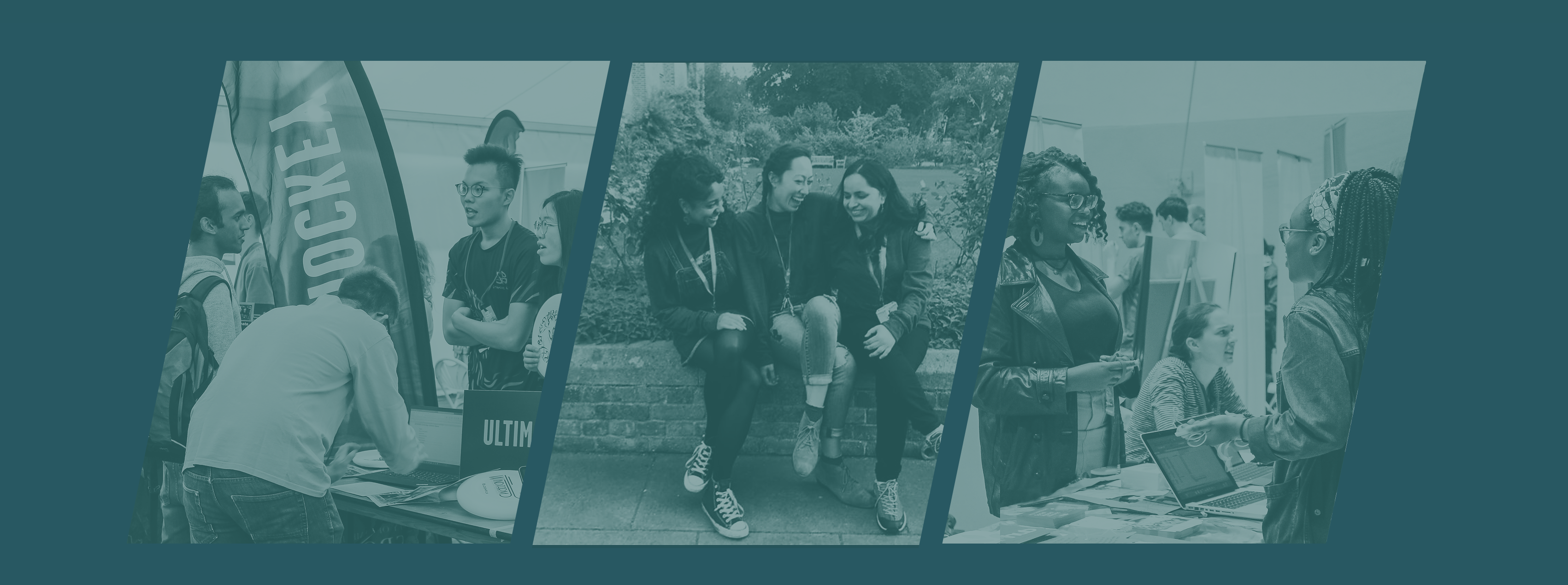 Three photos of Cambridge students placed next to each other, engaging with other students.