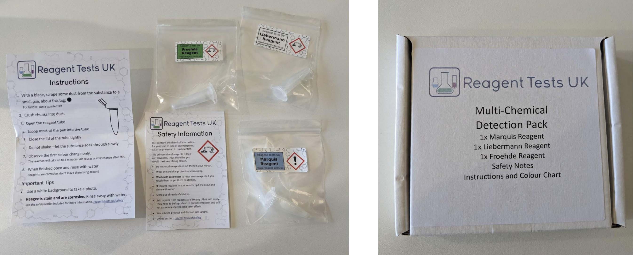 Image of the drug testing kit. It is a small white box, and inside there are three plastic bags labelled Froehde Reagent, Liebermann Reagent and Marquis reagent. There are also two leaflets.