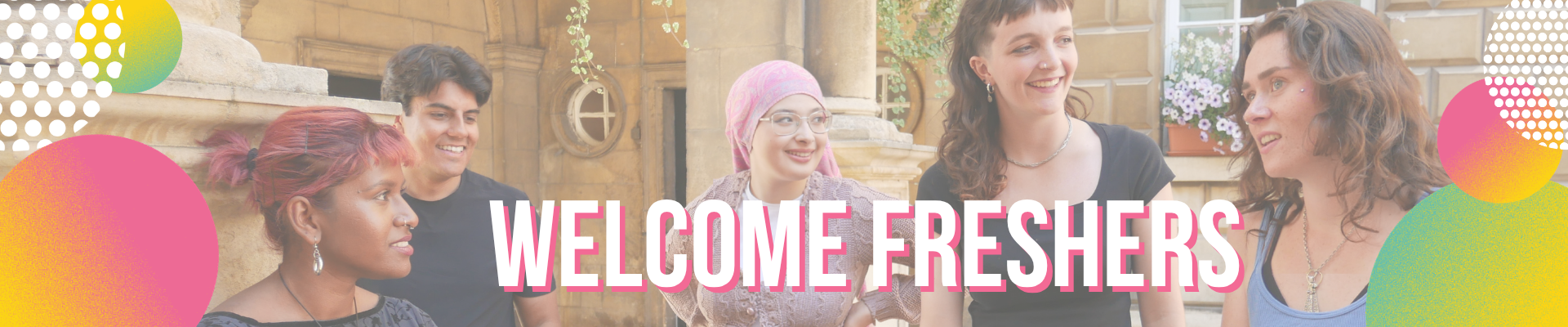"Welcome Freshers' your adventure starts here" on teal background