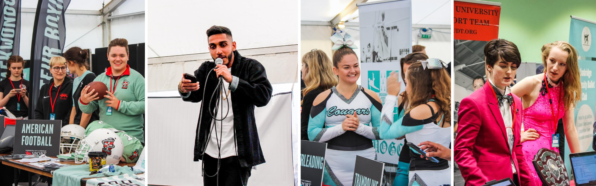 Photos of societies - students at a stand saying 'american football', a man speaking with a microphone, cheerleaders with 'cougars' written on their uniforms and two people in bright pink blazers